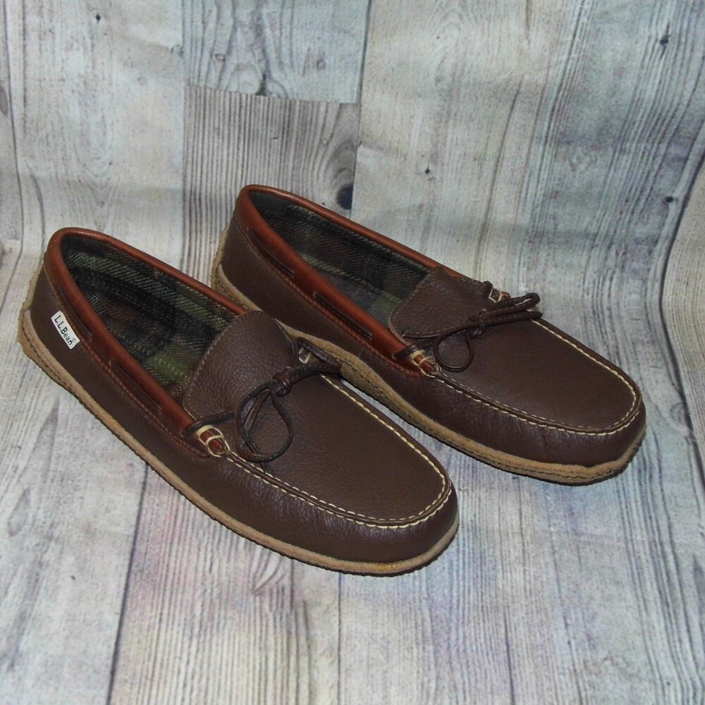 L.L. BEAN Handsewn Flannel-Lined Brown Leather Slippers Womens Size 11 M